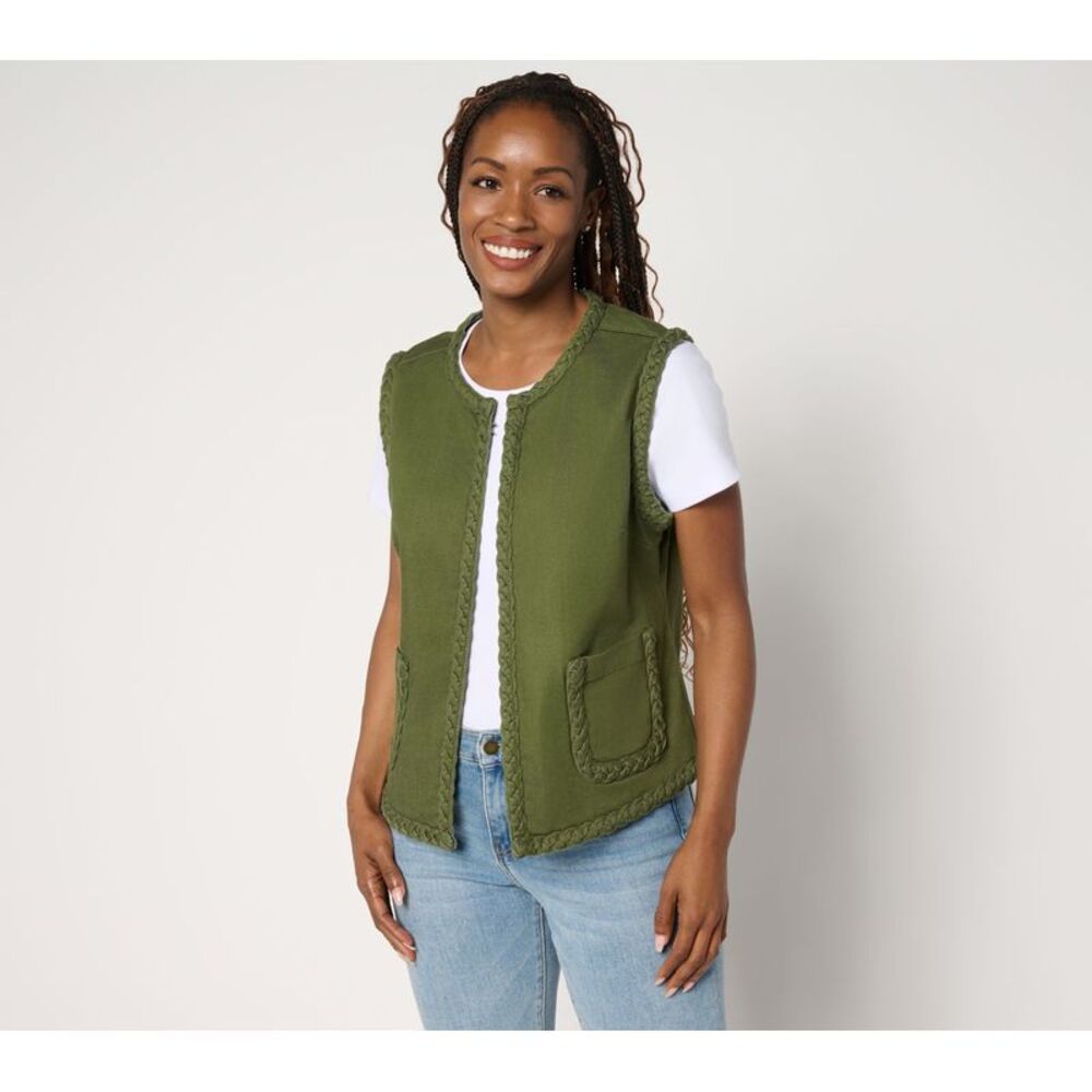 Liberare Women's Jacket Sz L Denim Vest Braided Trim Green A692540